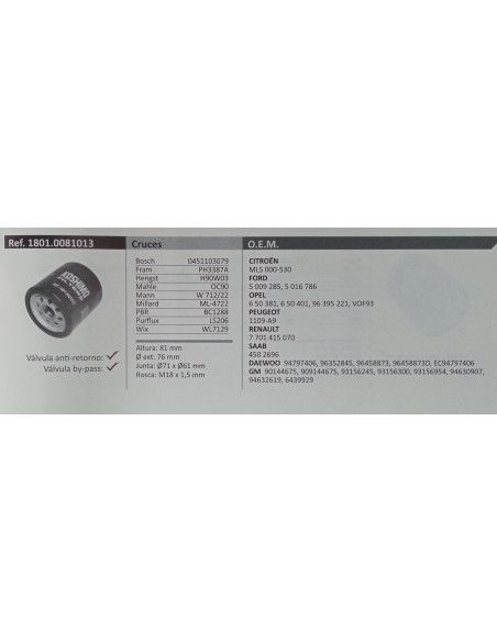 FILTRO DE ACEITE OPEL/CHEVROLET/DAEWOO/SAAB