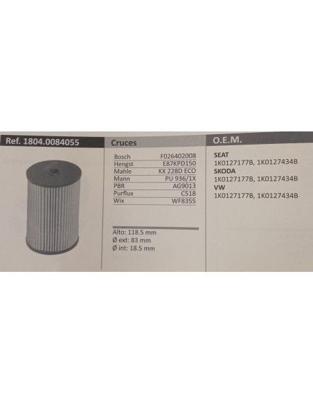 FILTRO DE COMBUSTIBLE AUDI A3 8P/SEAT ALTEA/LEON II/TOLEDO III/SKODA OCTAVIA II/VW NEWBEETLE/CADDY III/GOLF V/VI/JETTA/TOURAN