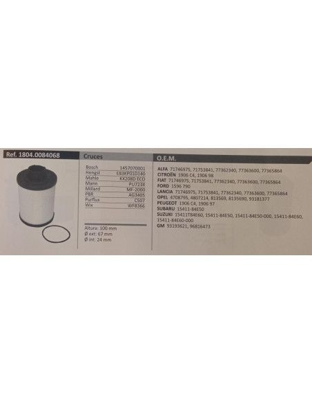 FILTRO DE COMBUSTIBLE CHEVROLET/CITROEN/FIAT/LANCIA/OPEL/PEUGEOT/SAAB/SUBARU/SUZUKI