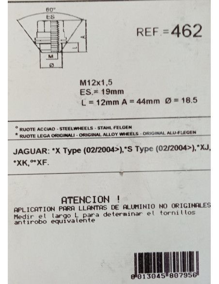 TUERCAS ANTIRROBO DE RUEDAS 462 JAGUAR