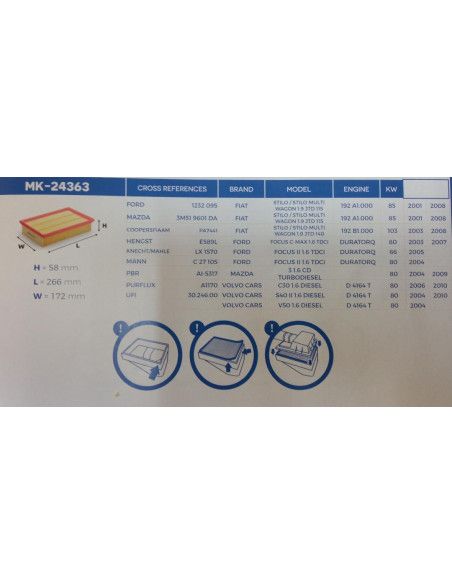 FILTRO DE AIRE FORD FOCUS/FOCUS CMAX/MAZDA 3/VOLVO C30/S40/V50