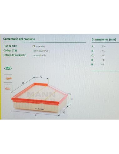FILTRO DE AIRE BMW SERIE 1/3/X1