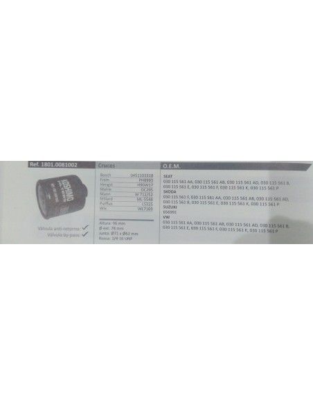 FILTRO DE ACEITE AUDI A2/SEAT/SKODA/VOLKSWAGEN