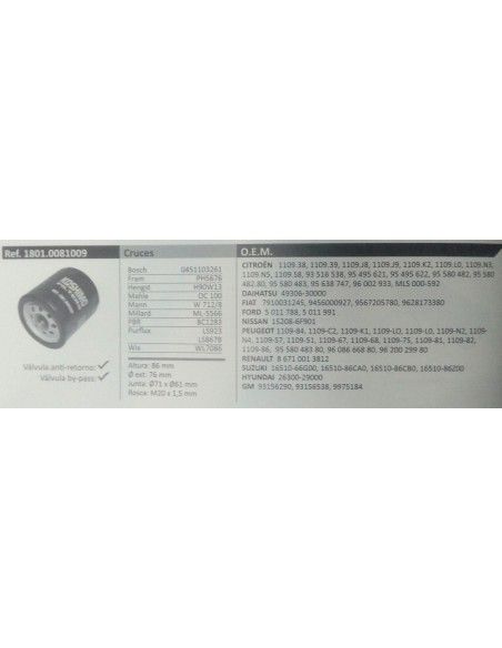 FILTRO DE ACEITE CITROEN/FIAT/PEUGEOT/ROVER/TALBOT