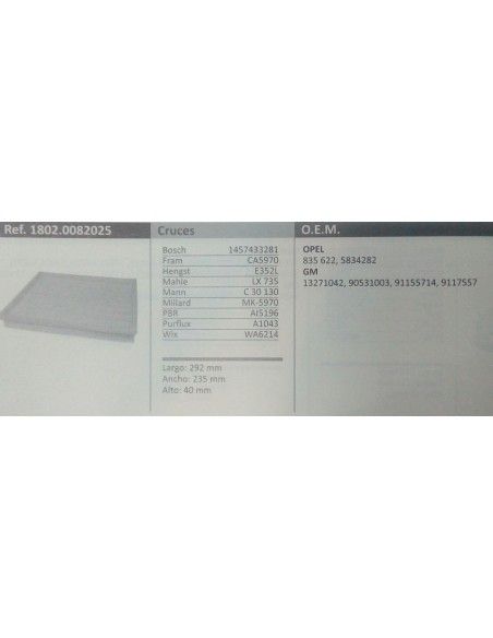 FILTRO DE AIRE OPEL ASTRA G/H/ZAFIRA A/B