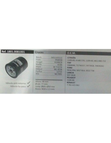 FILTRO DE ACEITE FIAT/CITROEN JUMPY/LANCIA/ALFA ROMEO 6