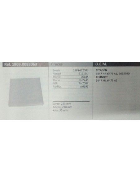 FILTRO DE HABITACULO CITROEN BERLINGO I/XSARA/PEUGEOT PARTNER I