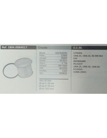 FILTRO DE COMBUSTIBLE BX/BERLINGO/C15/JUMPY/XM/XSARA/XANTIA/LANTRA/SCUDO/ULYSSE/205/306/309/405/406/806/EXPERT
