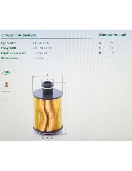 FILTRO DE ACEITE OPEL ASTRA J/COMBO D/CORSA D/INSIGNIA/MERIVA B/CADILLAC BLS/CHEVROLET AVEO/MALIBU/SAAB 9.3