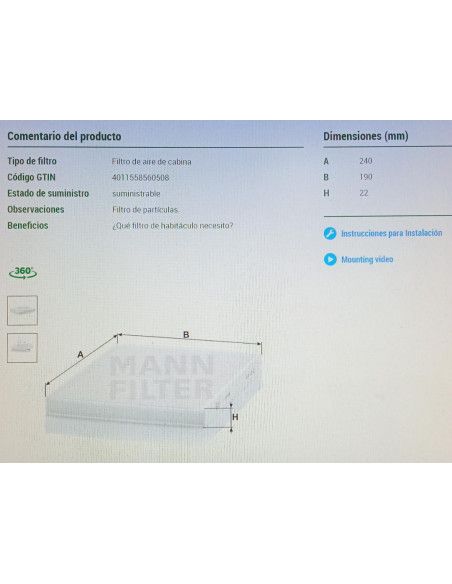 FILTRO DE HABITACULO FORD BMAX/ECOSPORT/FIESTA VI/VII/KA/PUMA/TRANSIT COURNEO COURIER