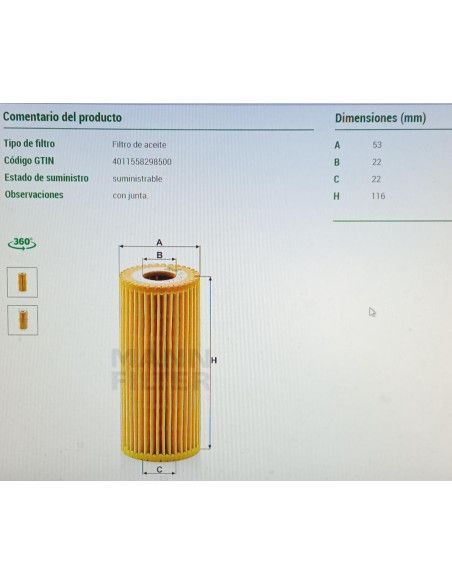 FILTRO ACEITE MERCEDES CLASE A W168/W169/B W245/VANEO W414