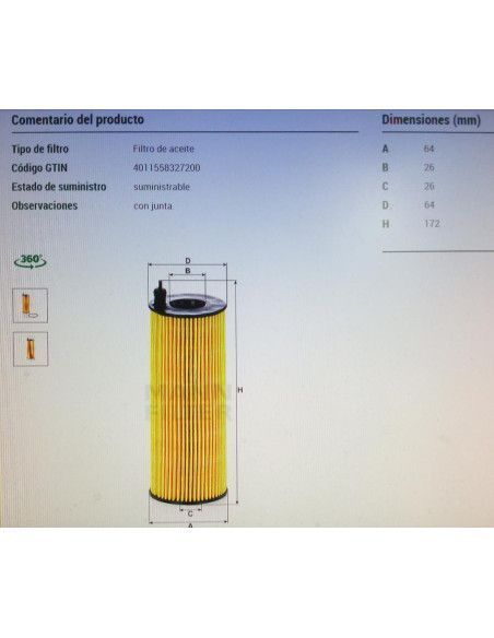 FILTRO DE ACEITE BMW 1 E81/3 E90/5 E60/X1/X3/X5/X6