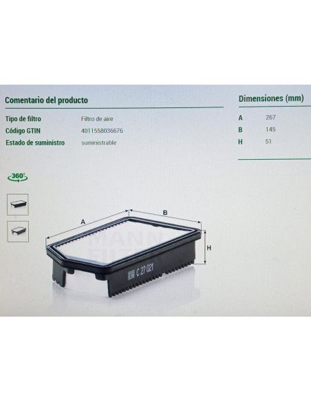 FILTRO AIRE HYUNDAI ELANTRA III/I30/KIA CEED/PROCEED II/CERATO III