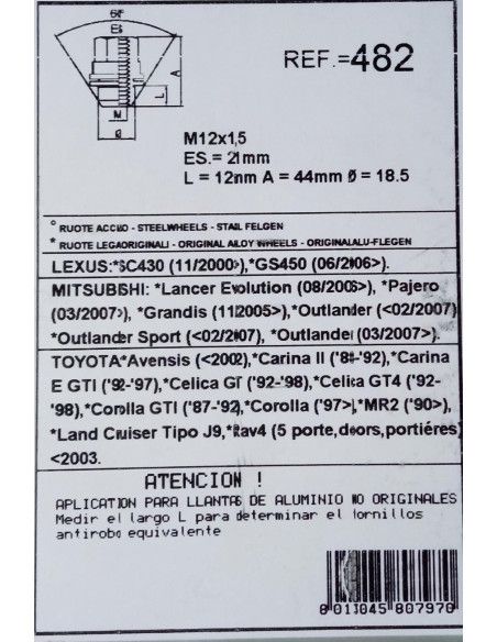 TUERCAS ANTIRROBO DE RUEDAS 482 PARA LEXUS/MITSUBISHI/TOYOTA