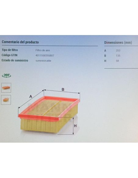 FILTRO AIRE CITROEN C5/JUMPY 1.6HDI/FIAT SCUDO 1.6 JTD/MINI/PEUGEOT 407/EXPERT 1.6HDI