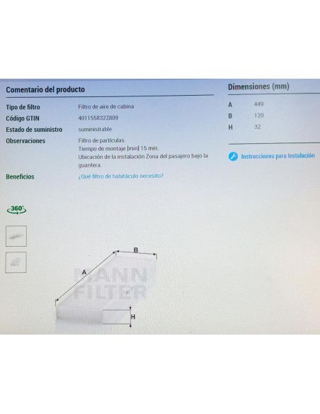 FILTRO HABITACULO MINI ONE/COOPER/COUNTRYMAN/CLUBMAN 06-