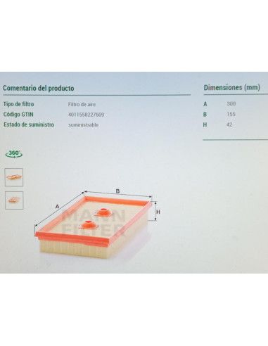 FILTRO AIRE AUDI A3/SKODA OCTAVIA/VW...