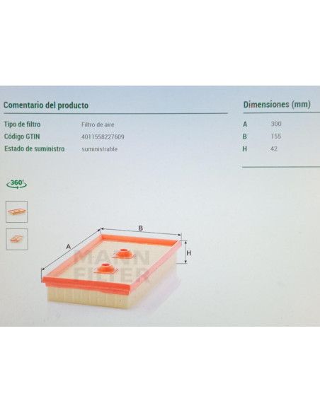 FILTRO AIRE AUDI A3/SKODA OCTAVIA/VW EOS/GOLF/JETTA/PASSAT/TOURAN 1.6FSI