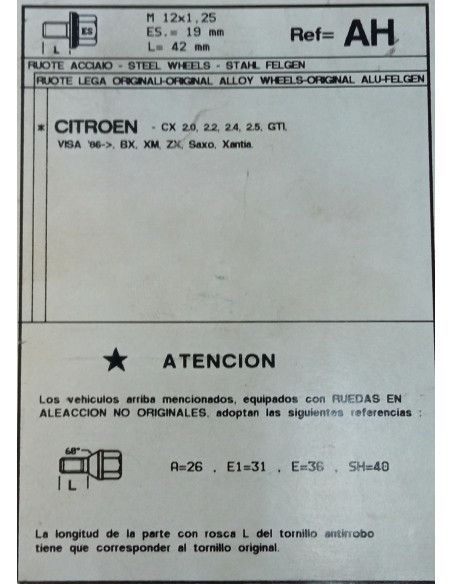 TORNILLOS ANTIRROBO DE RUEDAS AH PARA CITROEN CX/BX/ZX/SAXO/XANTIA -02