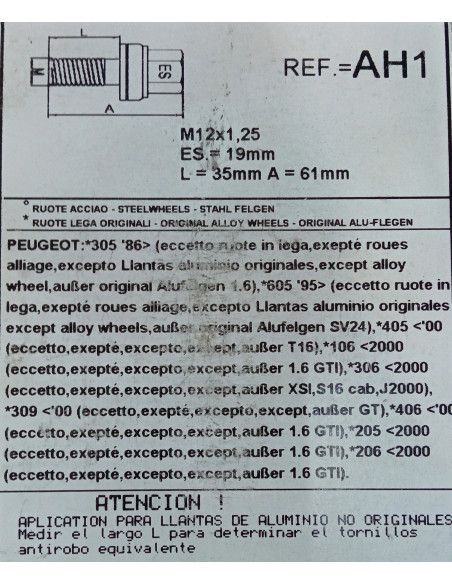 TORNILLOS ANTIRROBO DE RUEDAS AH1 PARA PEUGEOT 106/205/206/309/405/605 LLANTA ALUMINIO