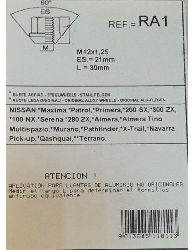 TUERCAS ANTIRROBO DE RUEDAS RA1 PARA...