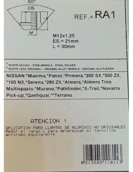 TUERCAS ANTIRROBO DE RUEDAS RA1 PARA NISSAN/RENAULT 5 TUERCAS